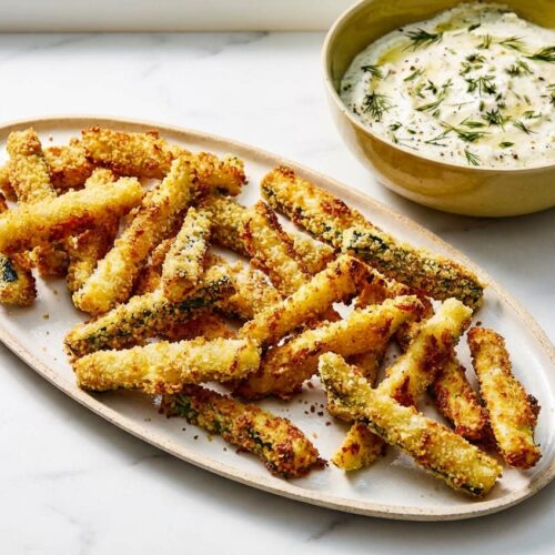 Crispy baked zucchini fries featuring a cornstarch-shatter coating and golden breadcrumbs.