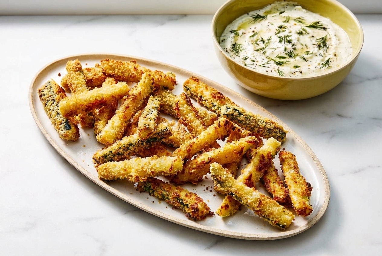 Crispy baked zucchini fries featuring a cornstarch-shatter coating and golden breadcrumbs.