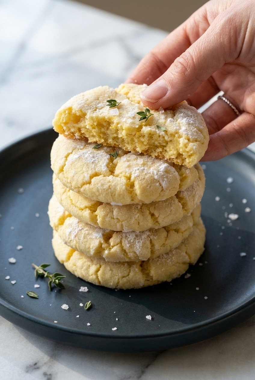 Soft lemon cake mix cookies cooling on a silicone mat to achieve a professional, bakery-style crinkle.