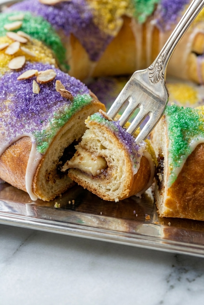 Slicing a king cake recipe loaf to reveal the tender brioche dough and brown butter almond swirl.