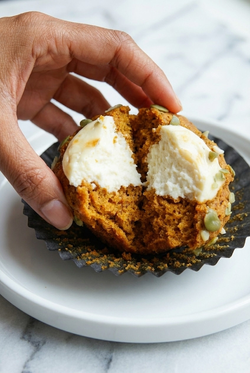 High-domed pumpkin cream cheese muffins with pepitas showing significant oven spring.