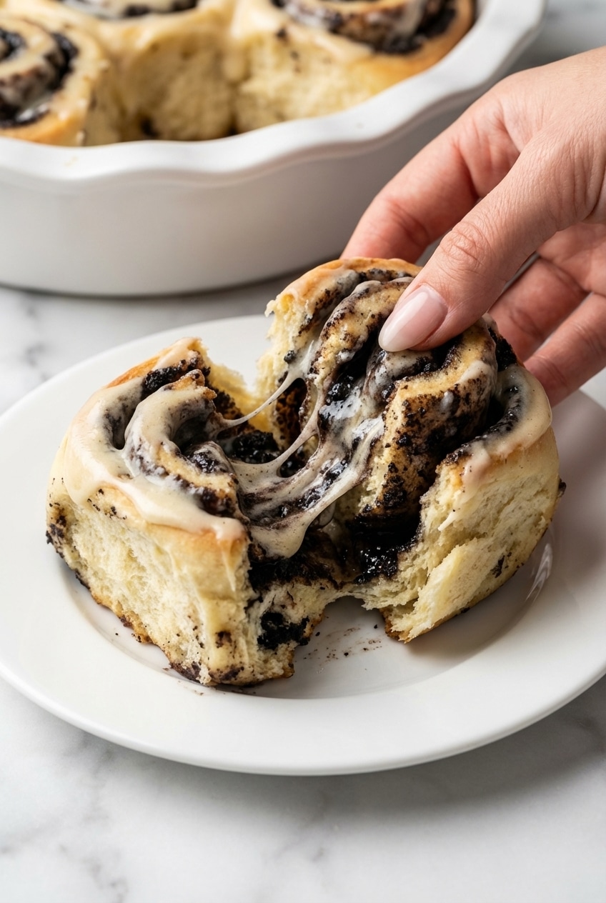 Pillowy oreo stuffed cinnamon rolls rising in a baking pan showing the soft enriched dough texture.