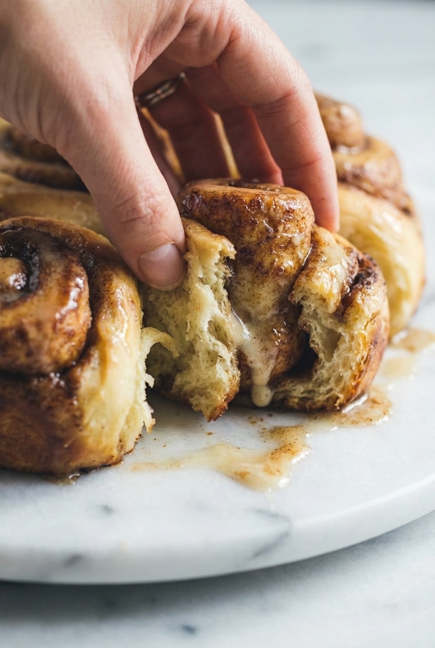 Freshly baked sourdough cinnamon rolls showing perfect gluten development and golden brown edges.