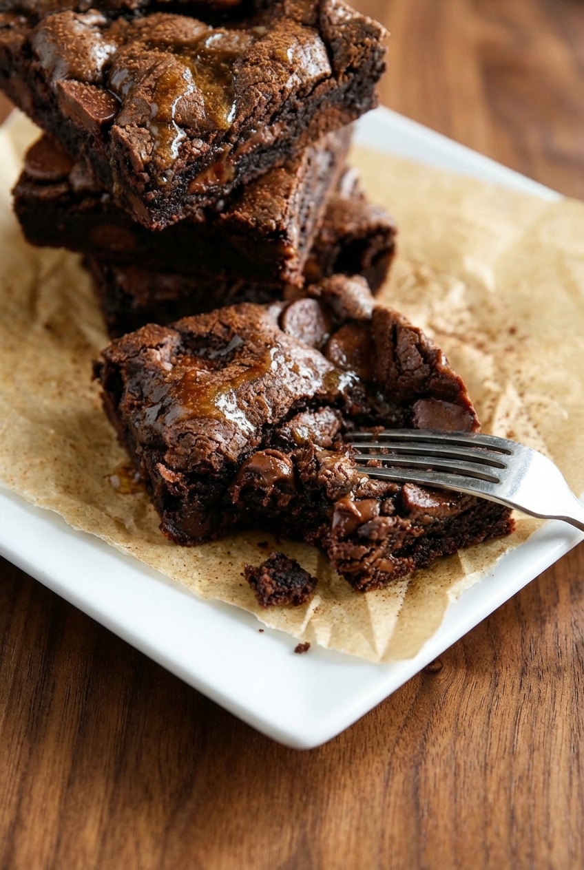 Slicing through a dense stack of cake mix brownies on parchment paper inside an 8x8-inch baking dish.