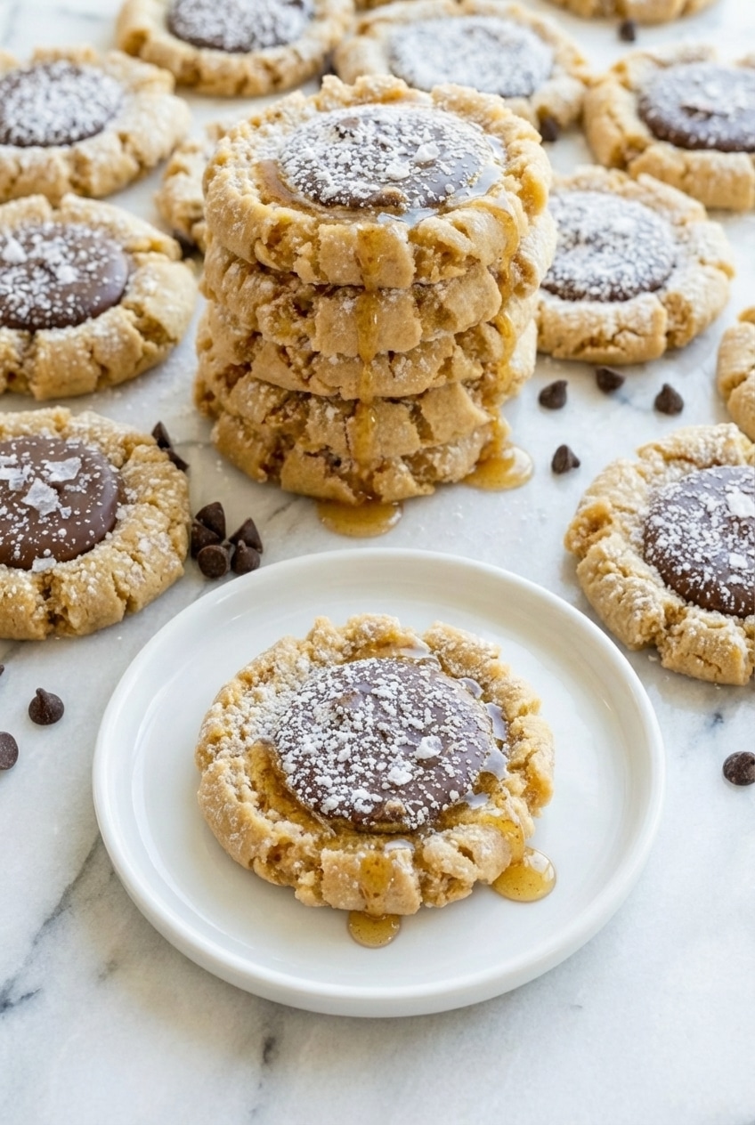 A cookie scoop portioning muddy buddy cookies dough onto a baking sheet for consistent results.