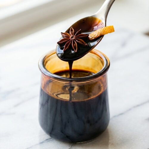 Silky balsamic glaze reduction with star anise and orange zest drizzled over a fresh Caprese salad.