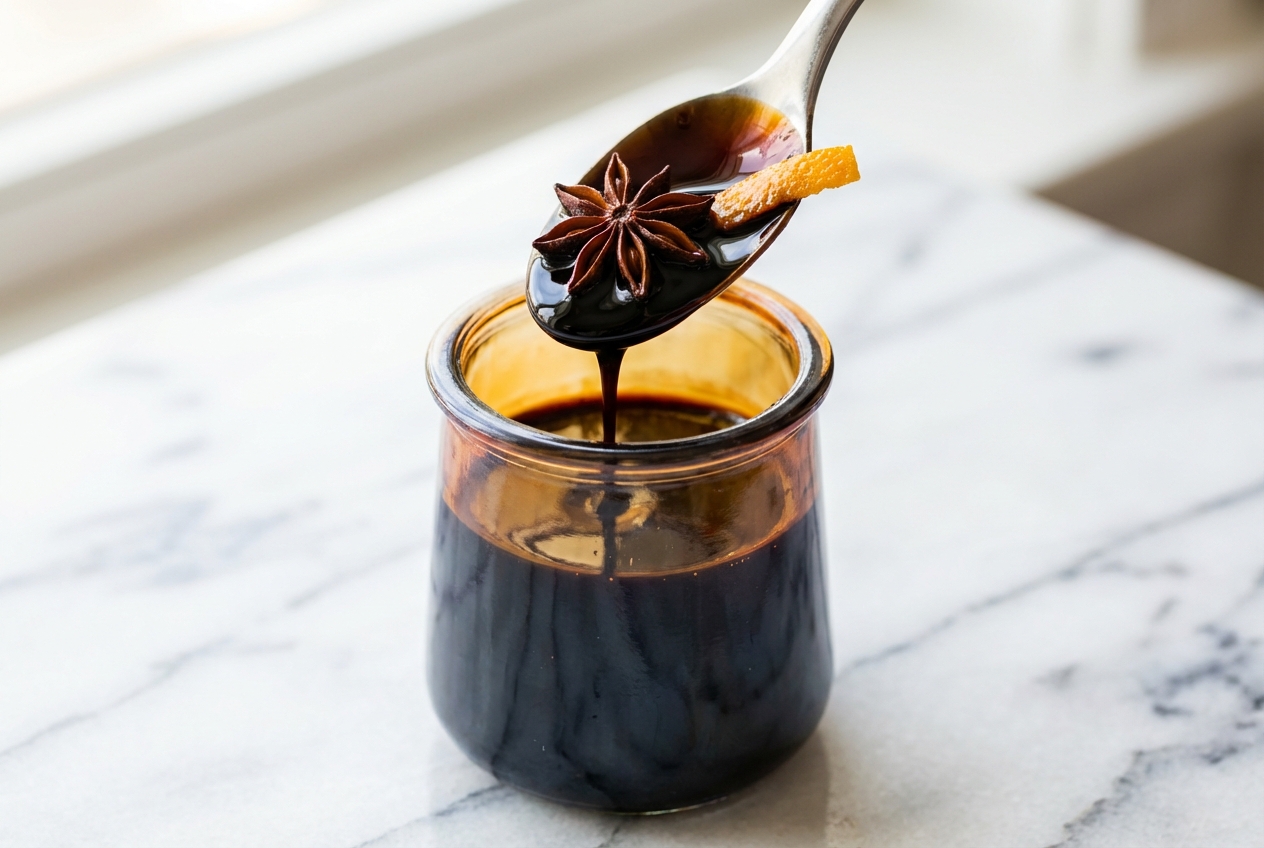 Silky balsamic glaze reduction with star anise and orange zest drizzled over a fresh Caprese salad.