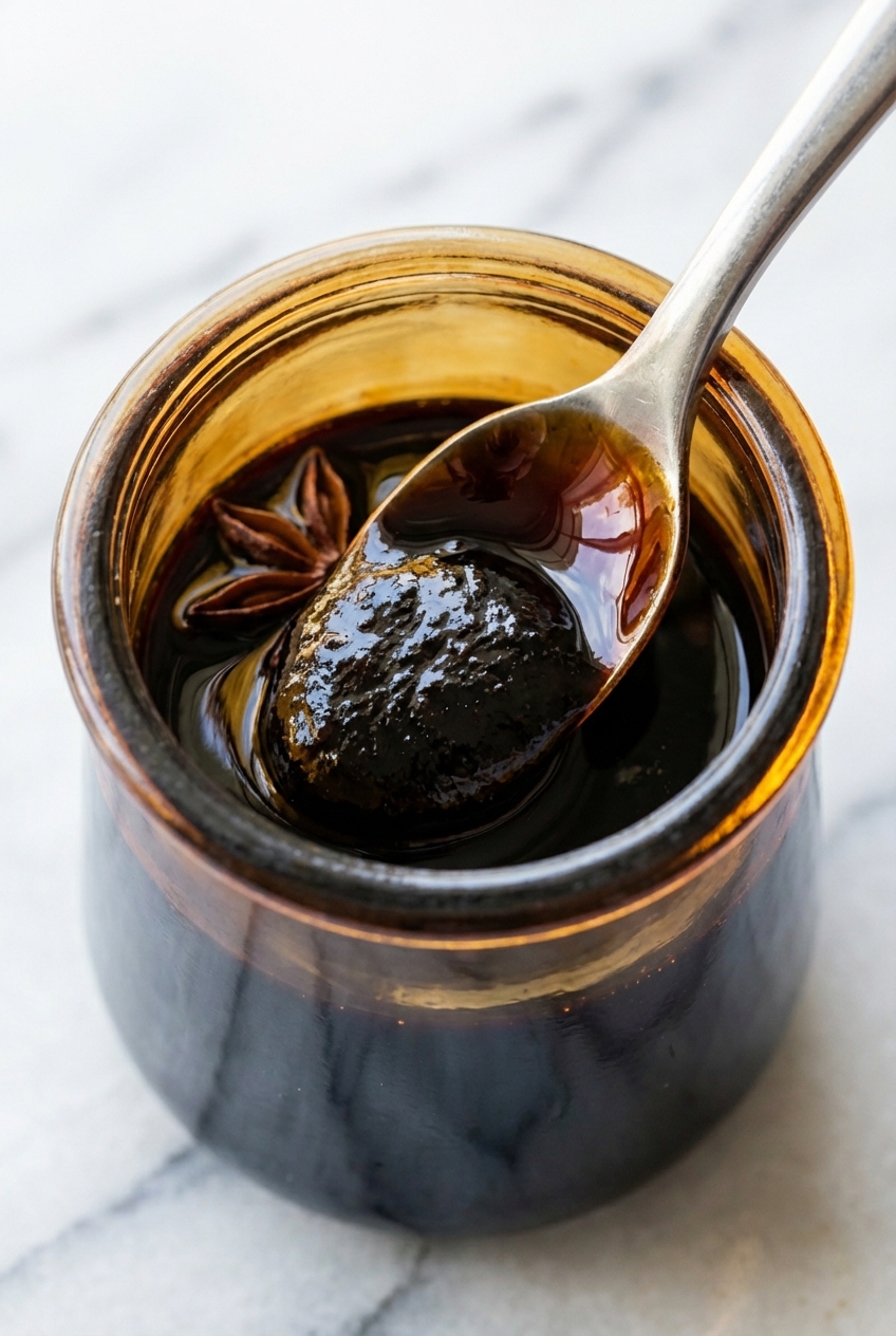 Close-up of thick balsamic glaze coating a spoon to demonstrate perfect syrupy viscosity.