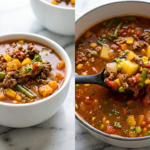 Hearty hamburger soup recipe featuring a rich, balsamic-deglazed broth with tender beef and colorful vegetables.