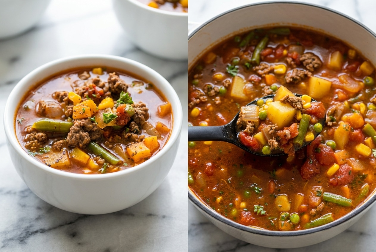 Hearty hamburger soup recipe featuring a rich, balsamic-deglazed broth with tender beef and colorful vegetables.
