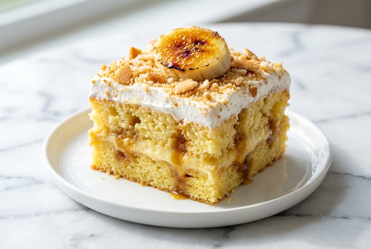 Banana pudding cake topped with rich brown butter whipped cream and caramelized brulée banana slices.