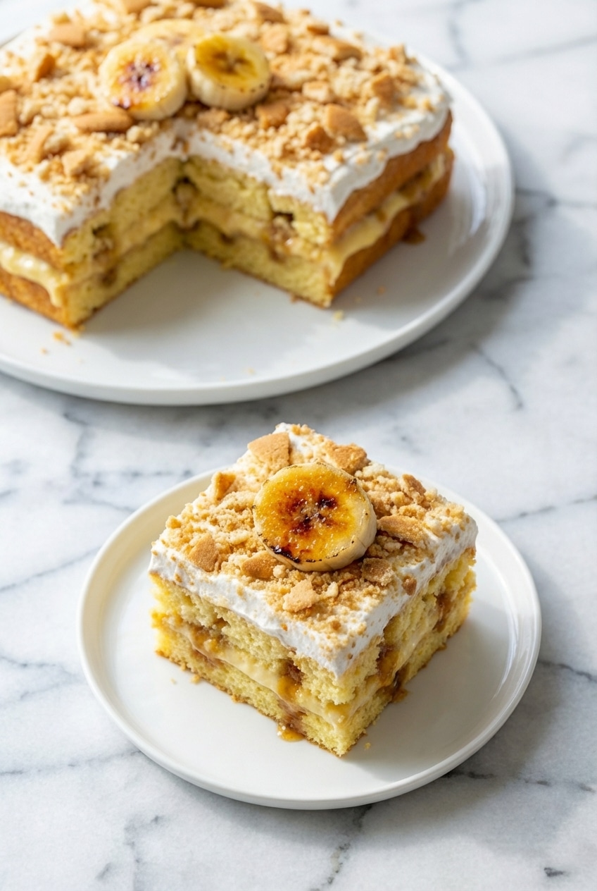 Close-up of the finished banana pudding cake garnished with crunchy Nilla Wafers and fresh bananas.