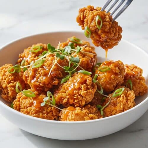 Crispy bang bang chicken with a buttermilk hot sauce marinade and airy baking powder coating.