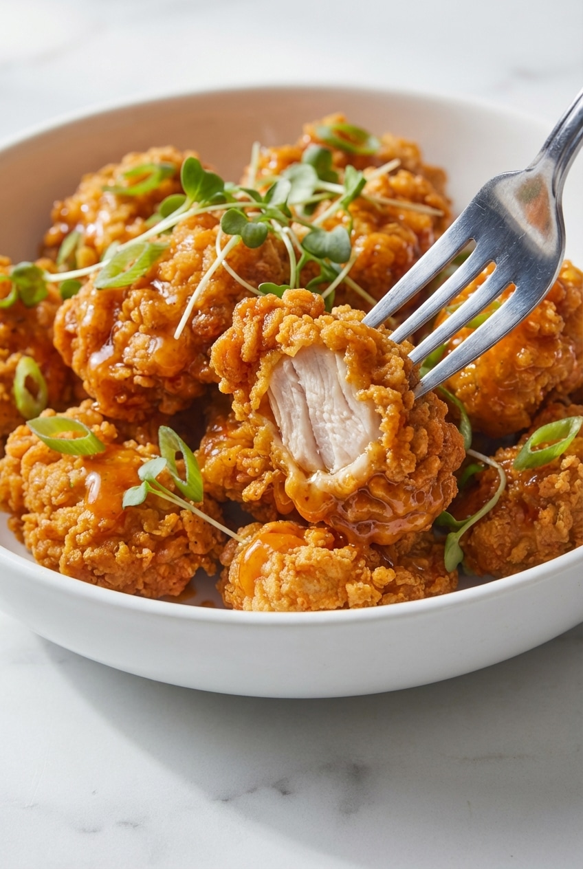 Extreme close-up of the bubbly, golden texture on bang bang chicken achieved through a double fry technique.