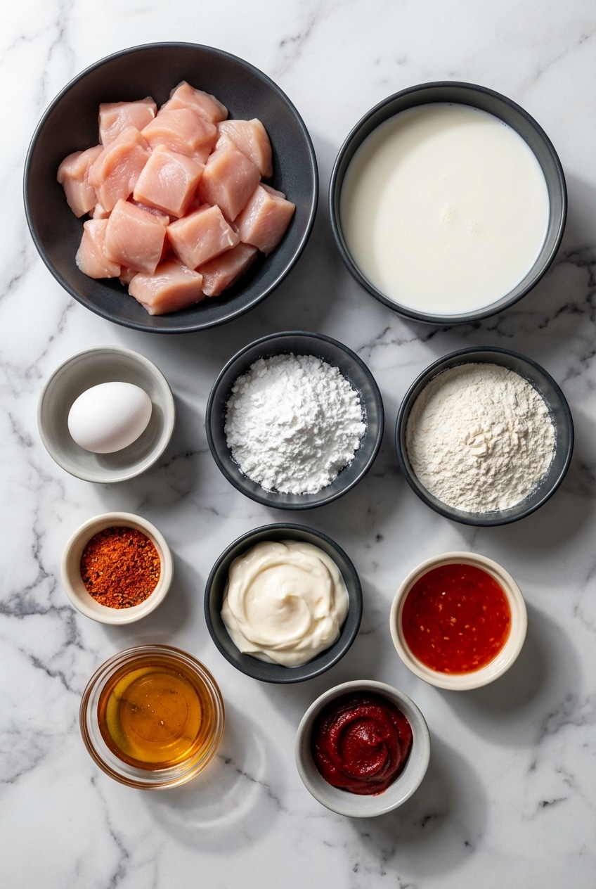 Flat lay of bang bang chicken ingredients featuring potato starch, gochujang, and Sichuan peppercorns.