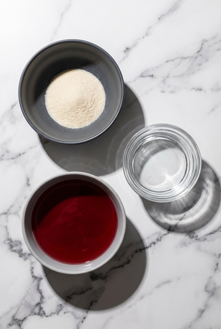 Ingredients for bariatric gelatin recipe including unflavored gelatin, collagen peptides, and sugar-free juice.