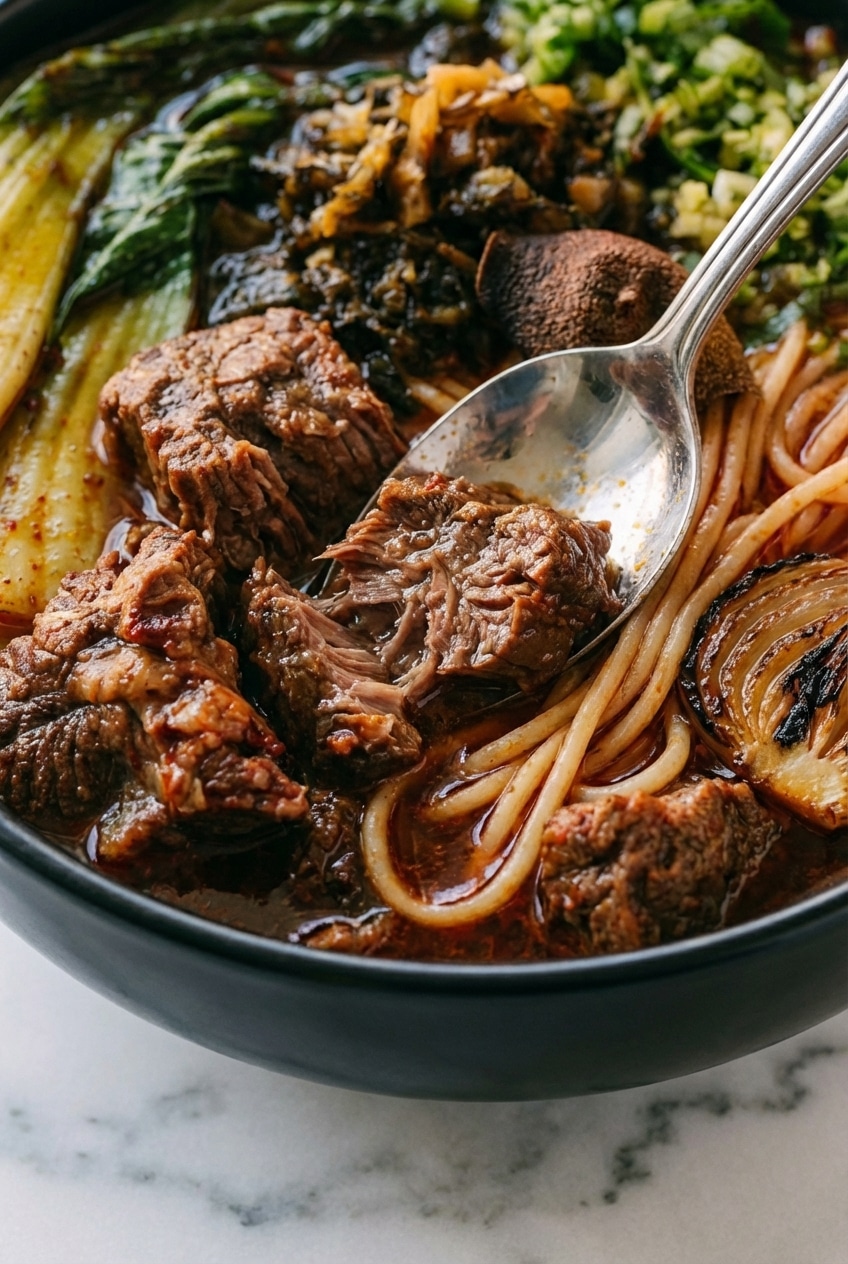 Close-up of beef noodle soup showing tender beef shank and bok choy in a dark, collagen-rich braising liquid.