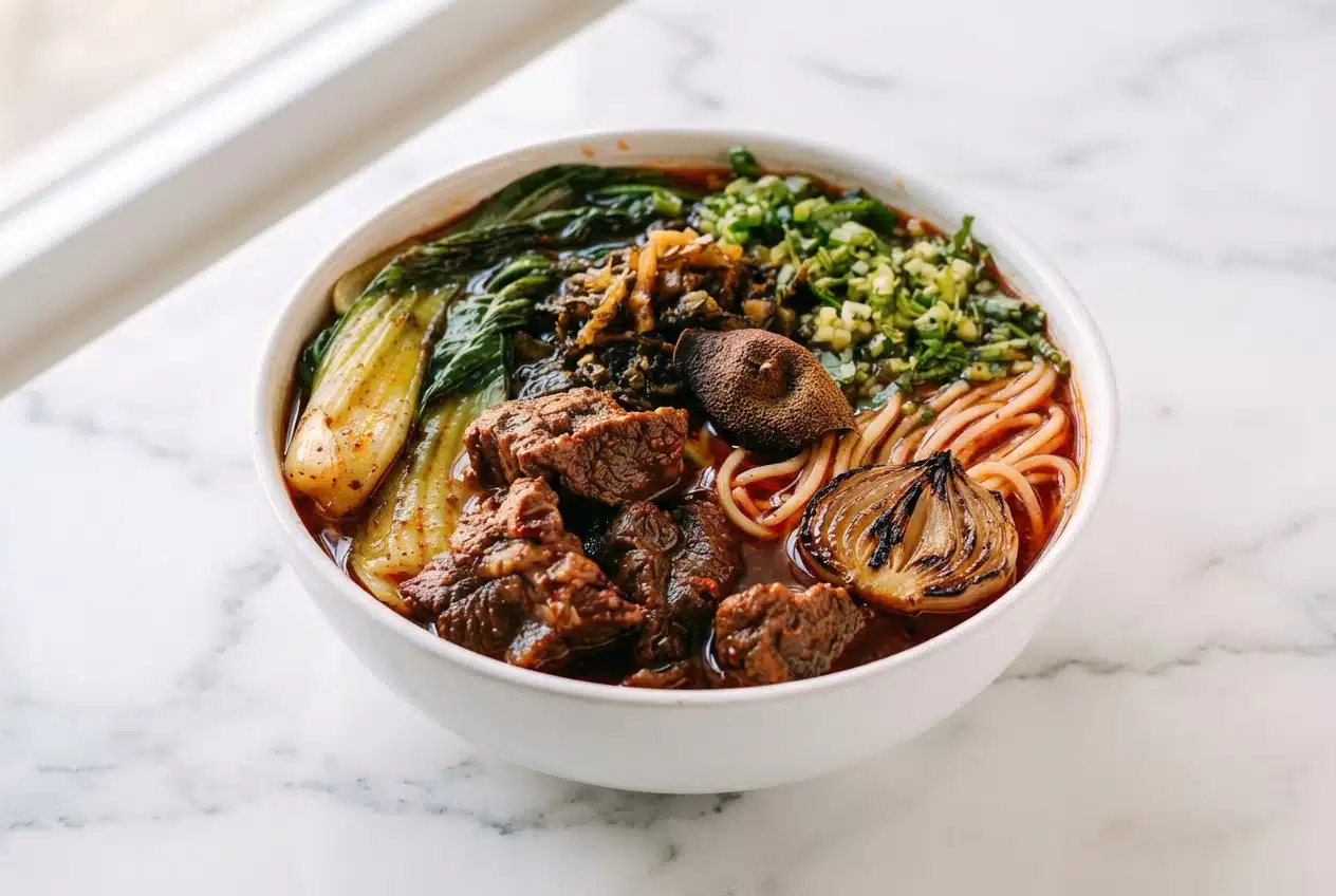Beef noodle soup with charred onion ginger broth and a hint of fragrant dried tangerine peel in a deep ceramic bowl.
