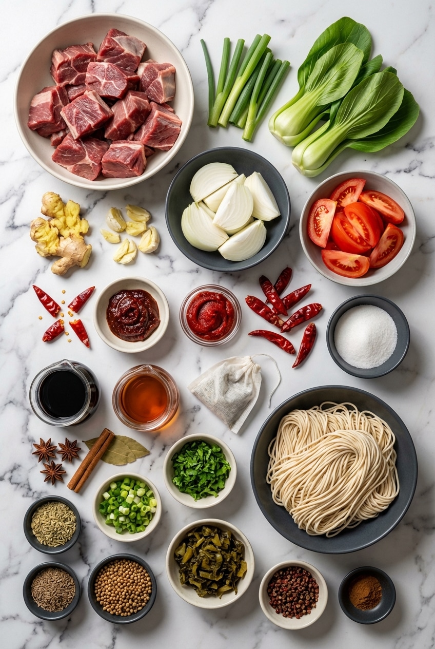Raw beef noodle soup ingredients featuring beef shank, star anise, bundles of wheat noodles, and dried tangerine peel.