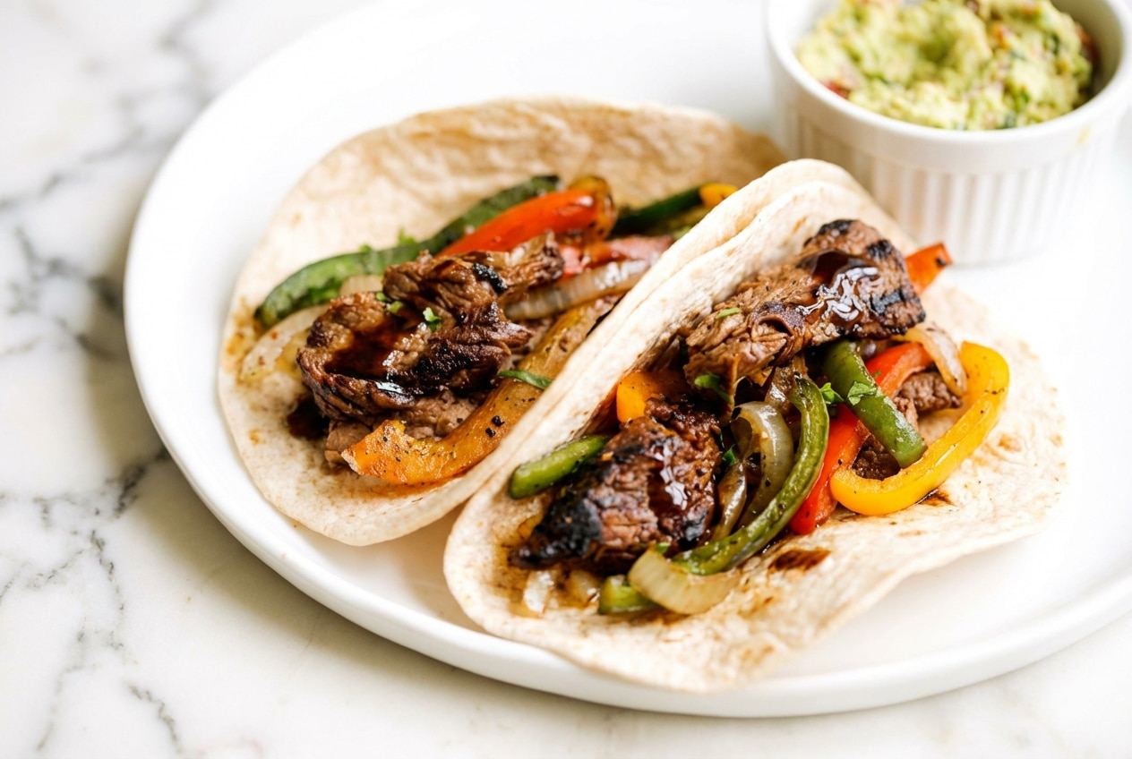 Sizzling Beef Steak Fajitas featuring a rich umami bomb marinade booster and charred peppers in a cast iron skillet.