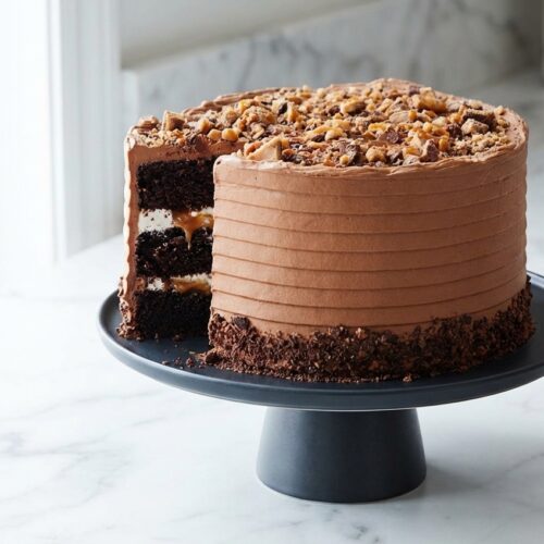Better than anything cake slice featuring espresso chocolate sponge, caramel soak, and whipped cream topping.