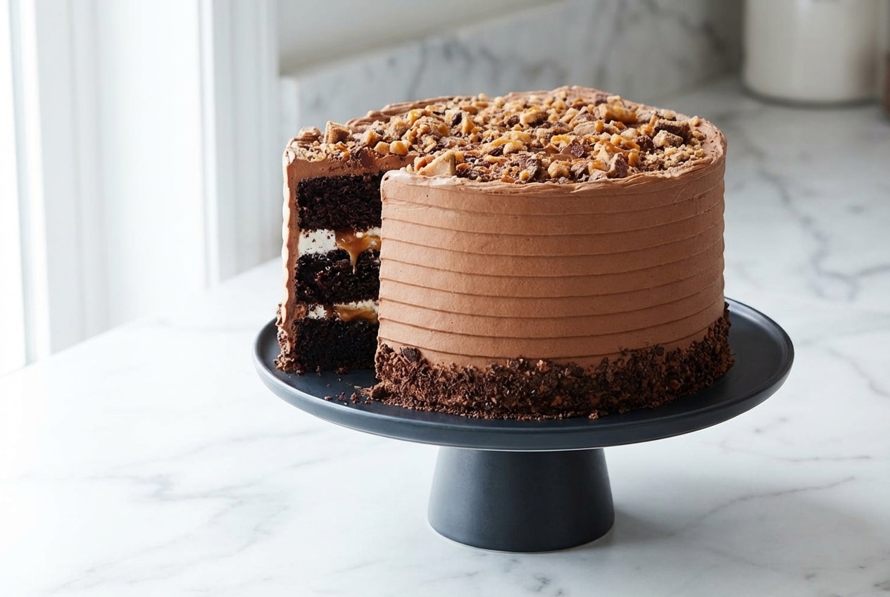 Better than anything cake slice featuring espresso chocolate sponge, caramel soak, and whipped cream topping.