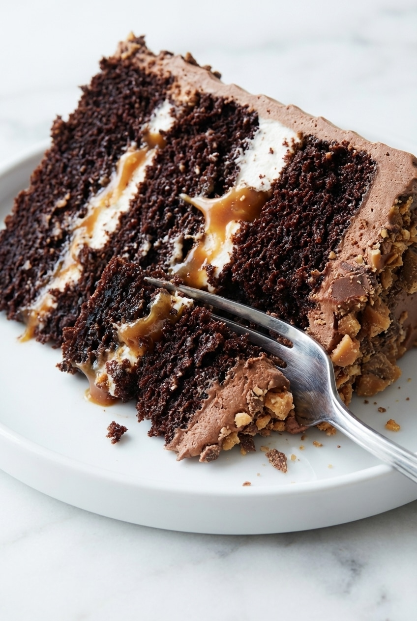 Close up of better than anything cake showing the internal espresso-soaked sponge and caramel distribution.