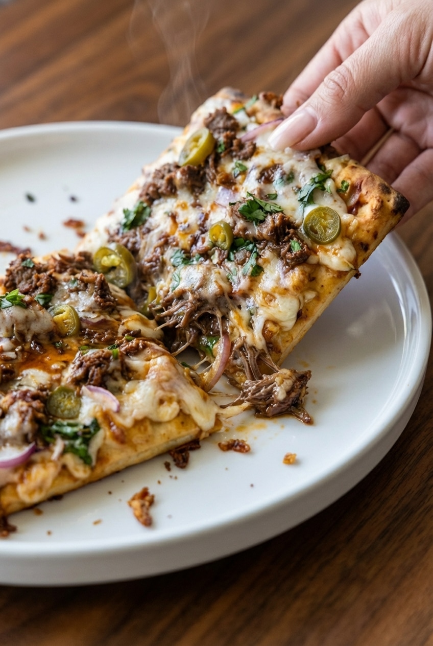 Close-up of the golden, crispy crust of a birria pizza recipe cooked on a pizza stone.