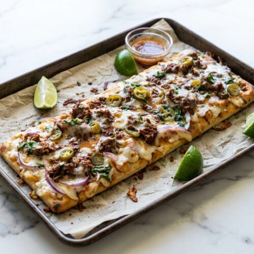 Birria pizza recipe topped with melted Oaxaca cheese and a savory consommé reduction drizzle.