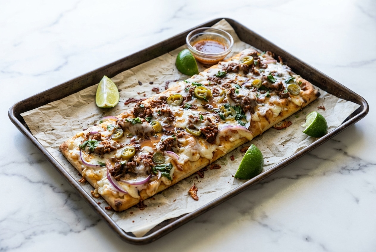 Birria pizza recipe topped with melted Oaxaca cheese and a savory consommé reduction drizzle.