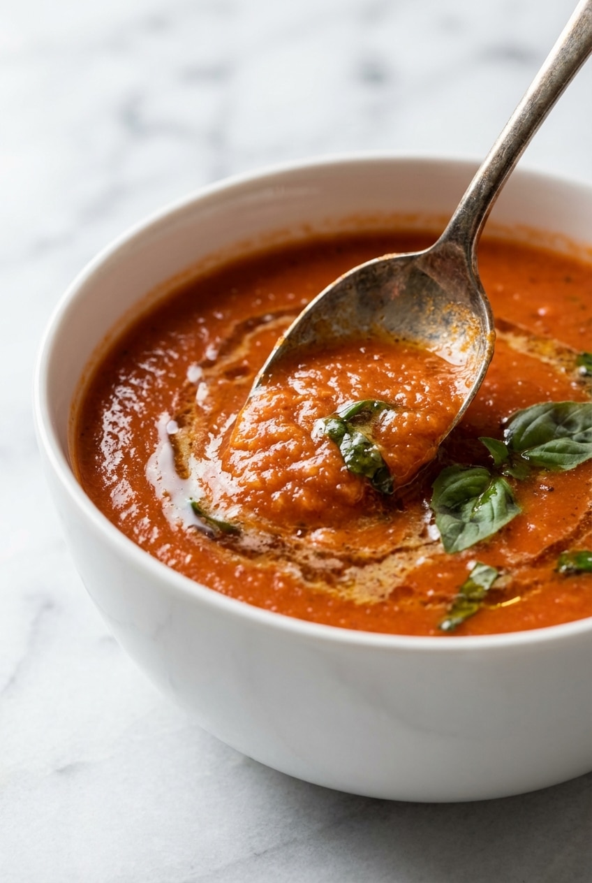 An immersion blender creating a smooth emulsification of tomato basil soup inside a Dutch oven.
