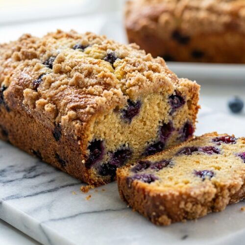 Blueberry cream cheese loaf slice with a crunchy streusel crumble and brown butter infused crumb.