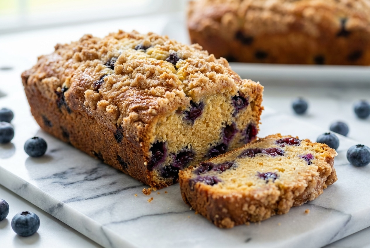 Blueberry cream cheese loaf slice with a crunchy streusel crumble and brown butter infused crumb.