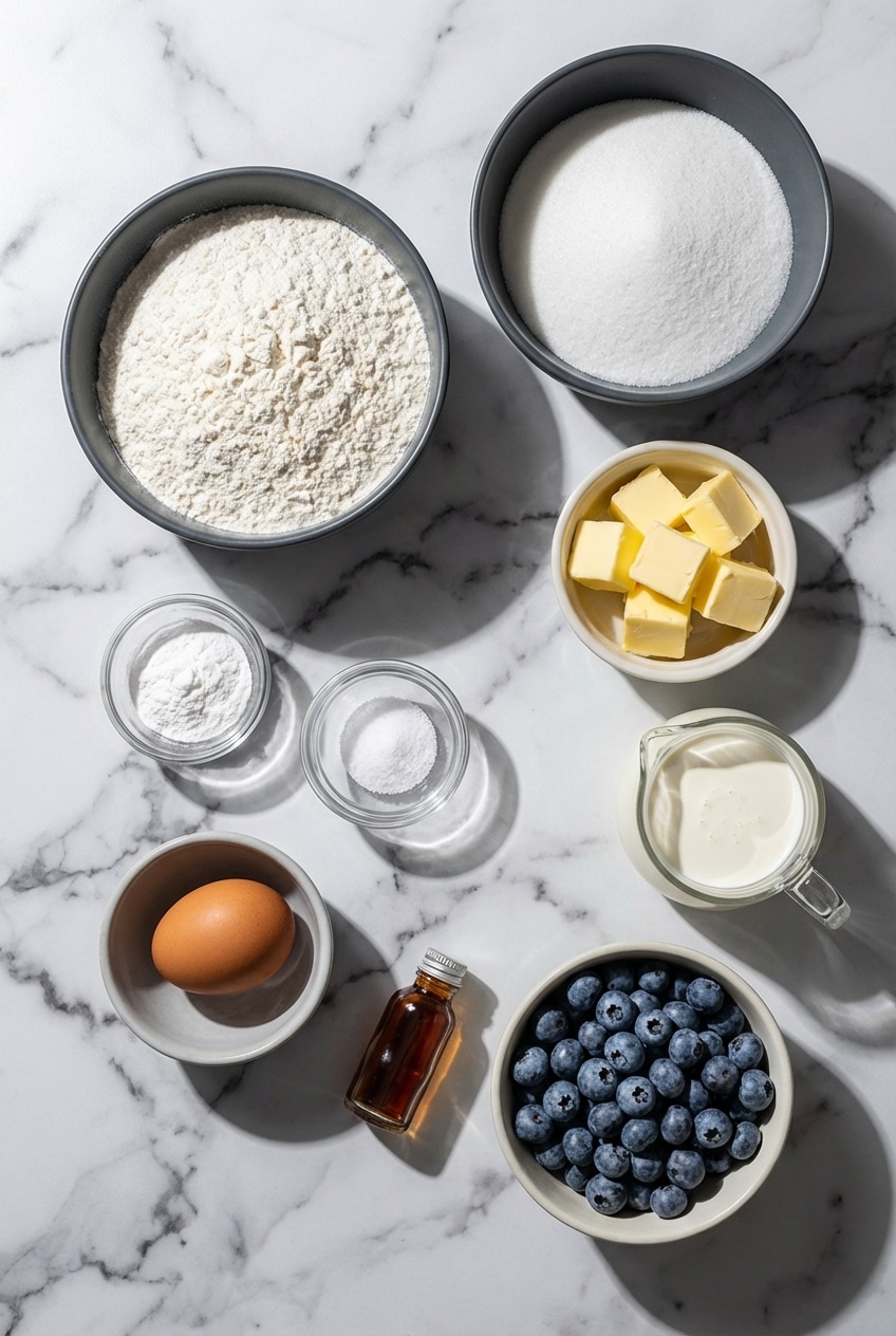 Raw ingredients for blueberry scones including all-purpose flour, unsalted butter, buttermilk, and fresh berries.