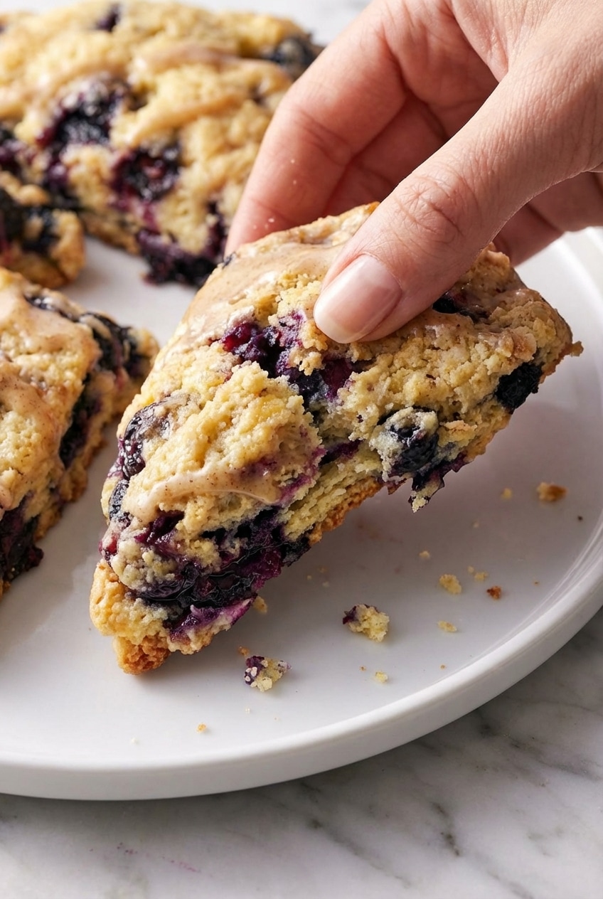 Close-up of blueberry scones showing the flaky laminated layers and crisp edges on parchment paper.