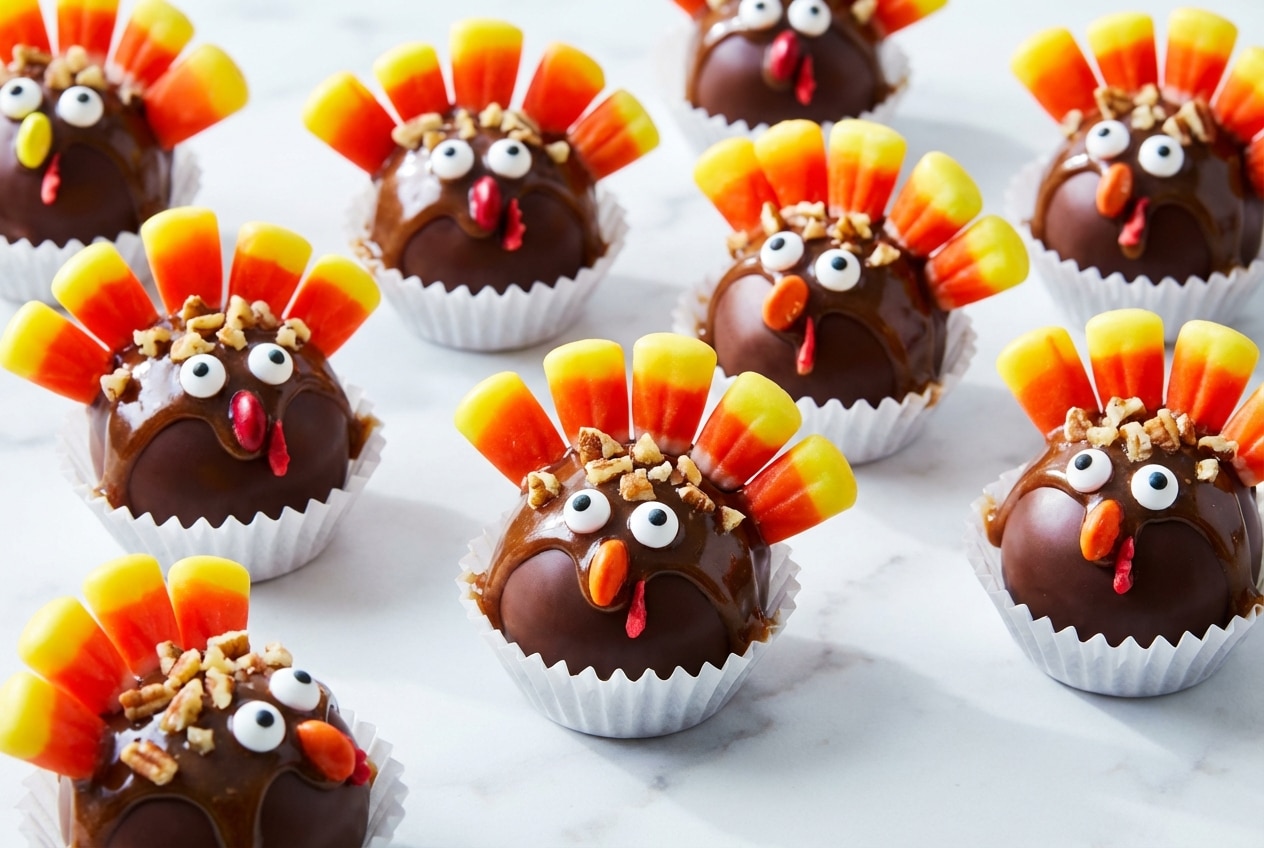 Turkey oreo balls with a bourbon-maple infusion, candy corn feathers, and a smooth chocolate coating.