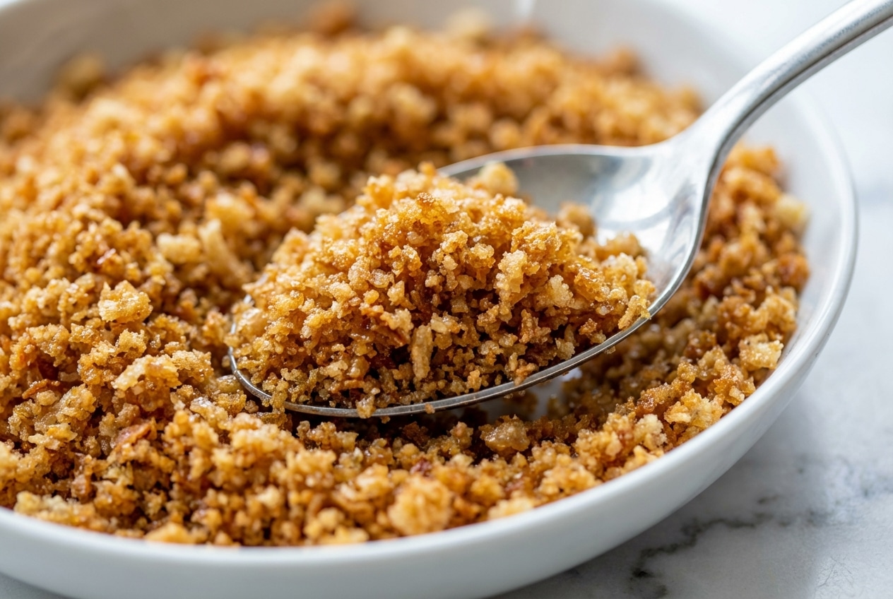 Golden brown butter breadcrumbs recipe toasted to a crispy finish in a cast iron skillet.
