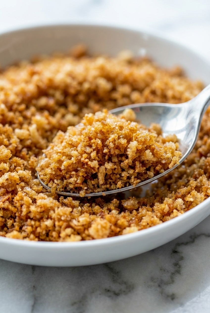 Close-up of the breadcrumbs recipe showing a deep golden Maillard reaction from the brown butter toasting.