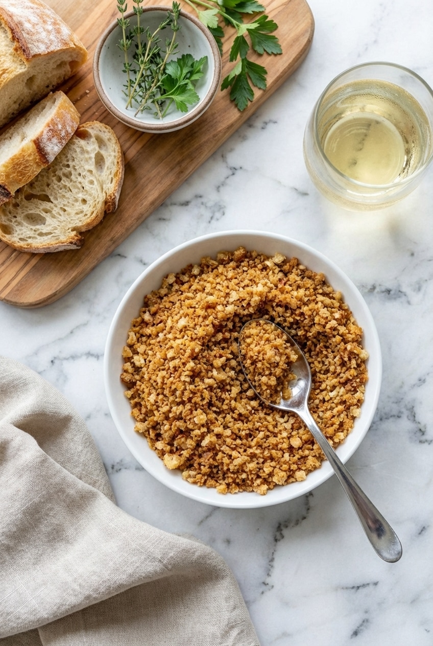 Finished breadcrumbs recipe stored in an airtight container to preserve crunch and shelf life.