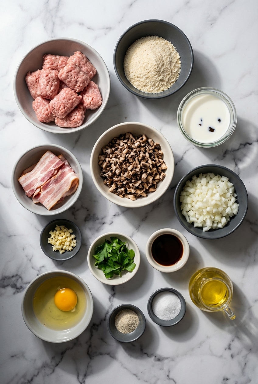 Ingredients for breakfast meatballs including bulk breakfast sausage, bacon lardons, and a panade flat lay.