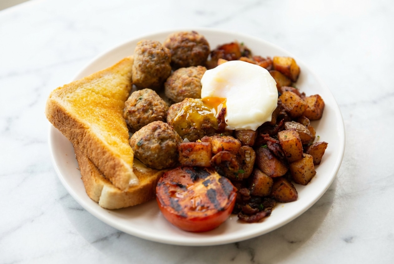 Glazed breakfast meatballs with a sticky Maple-Dijon finish on a white serving platter.