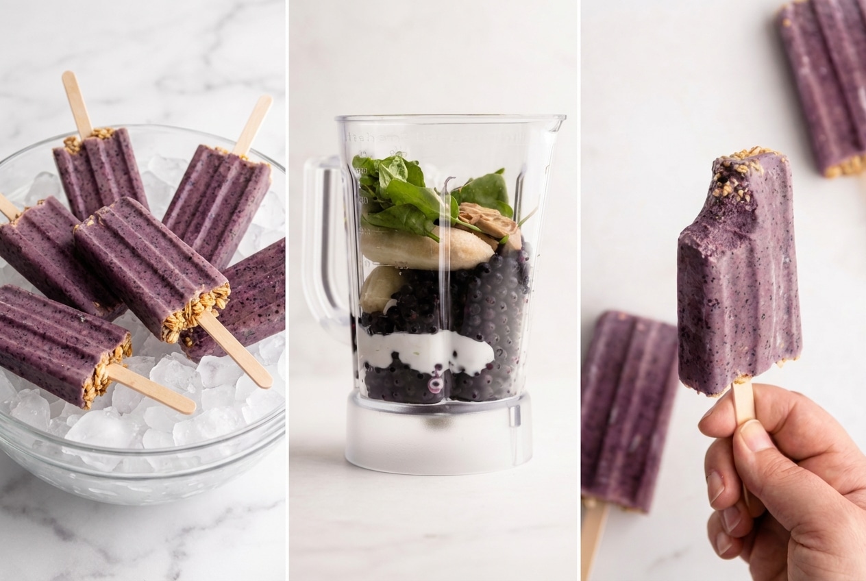 Layered Greek yogurt breakfast popsicles with a honey-toasted salted granola barrier at the bottom.
