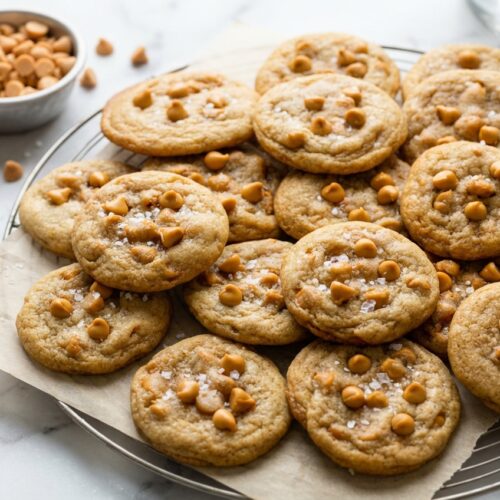 Brown butter butterscotch cookies topped with flaked sea salt on a rustic cooling rack.