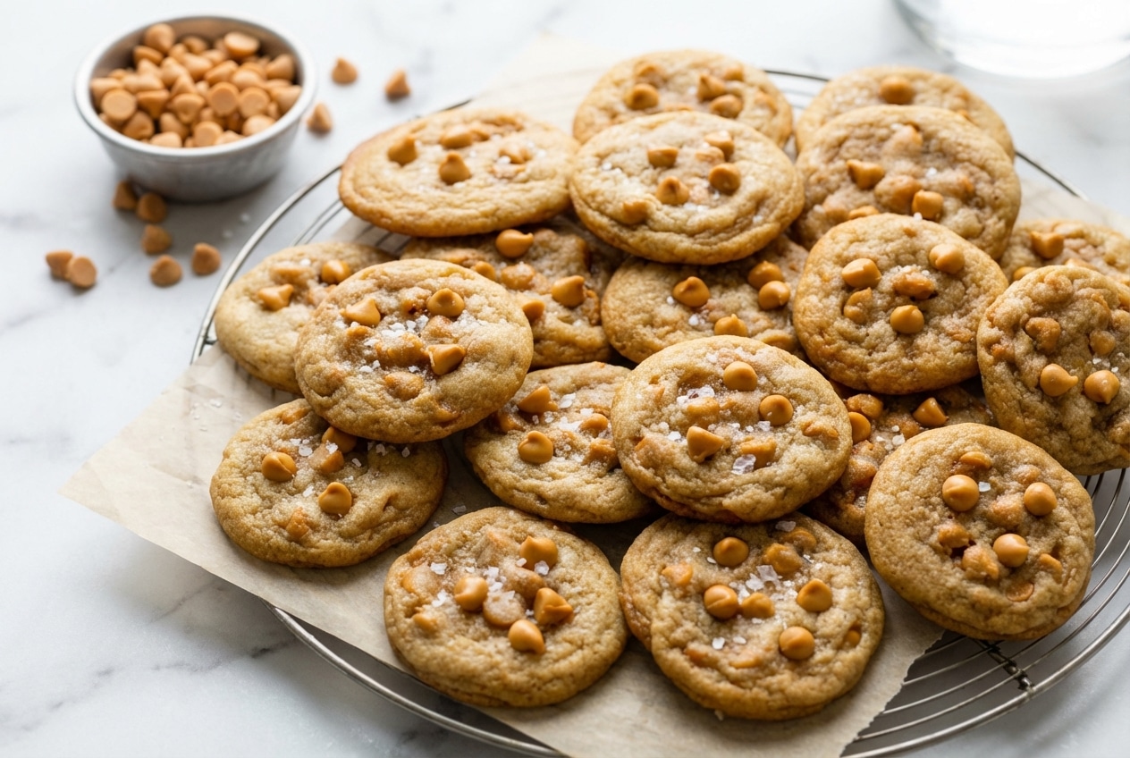 Brown butter butterscotch cookies topped with flaked sea salt on a rustic cooling rack.