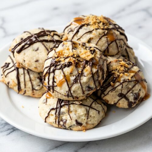 Brown butter cannoli cookie recipe topped with crushed waffle cone pieces and mini chocolate chips on a wire rack.