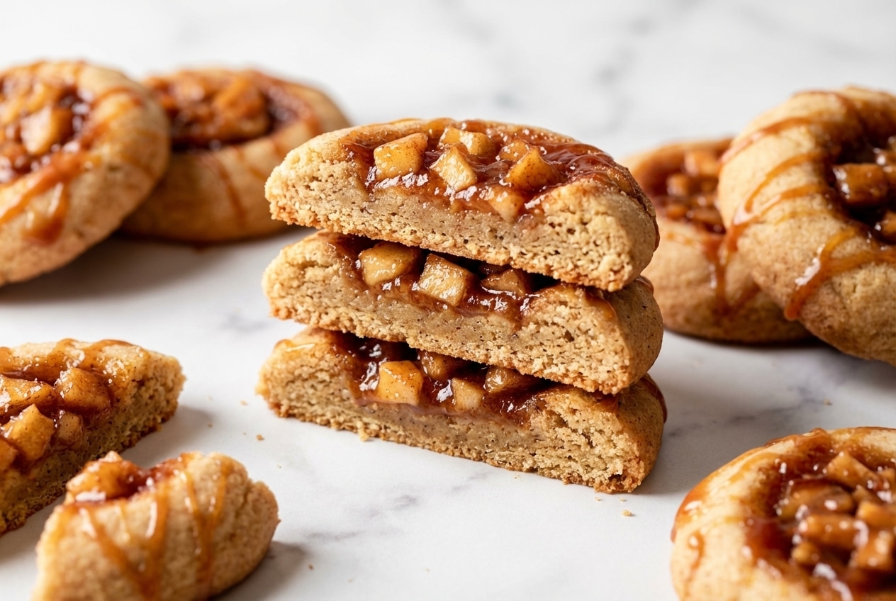 Golden apple pie cookies with a nutty brown butter and cardamom spiced thumbprint base.