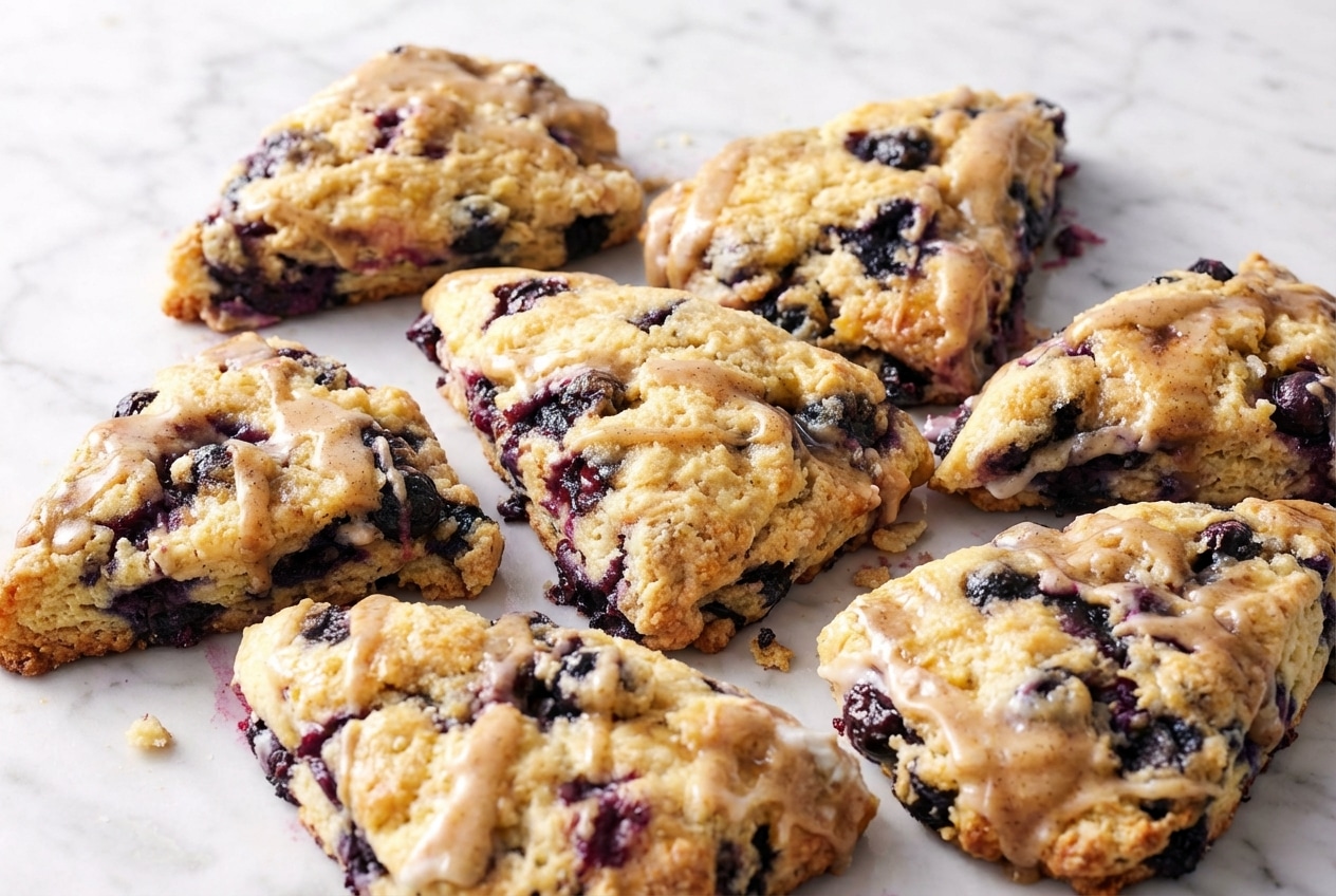 Golden blueberry scones brushed with nutty brown butter and dusted with cane sugar on a wire rack.