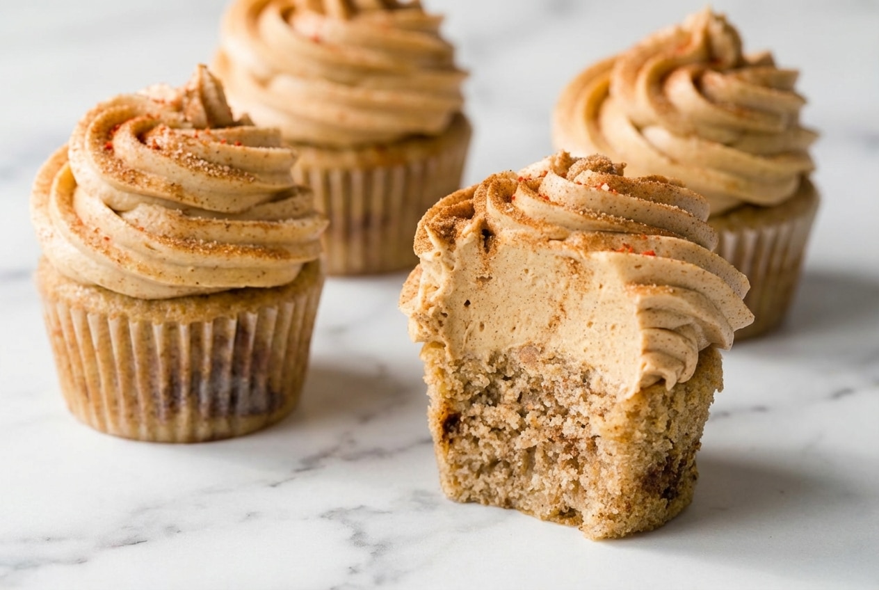 Frosted churro cupcakes with spiced chocolate garnish and golden brown butter buttercream swirls.