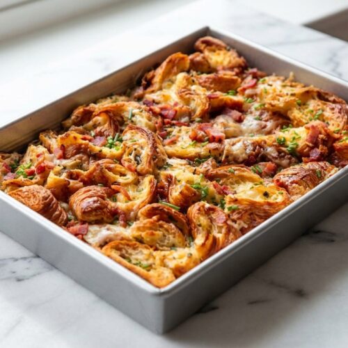 Golden croissant breakfast casserole with a brown butter and nutmeg infused custard in a white ceramic dish.