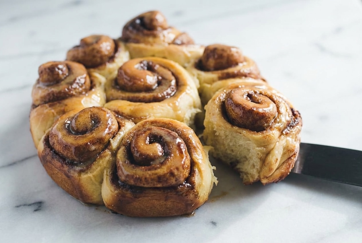 Gooey sourdough cinnamon rolls soaked in heavy cream and brown butter in a springform pan.